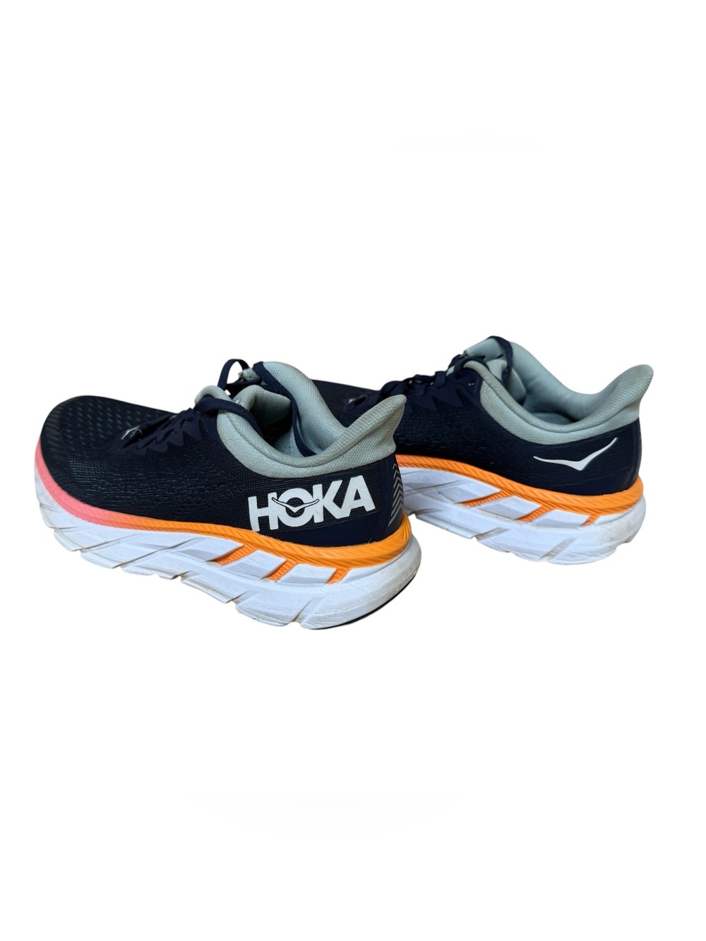 Hoka One One Clifton 7 Women’s Running Shoe Navy With Orange Coral Trim Size 8